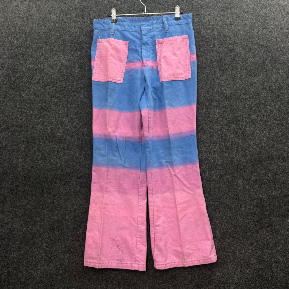 Vintage 70s Pink Blue Ombre Bell Bottom Pants High Waist Patch Pocket 32x28